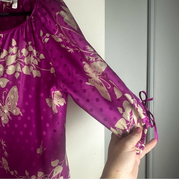 Yumi Kim Pink 100% Silk Butterfly Floral Polka Dot Prints Tie Cuff/Neck Blouse S - Picture 6 of 14
